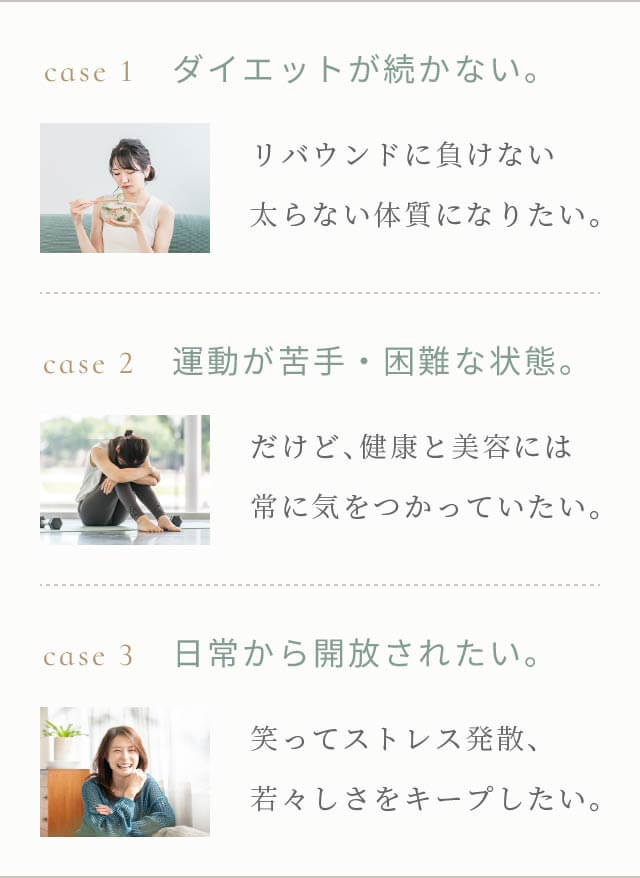 ・ダイエットが続かない・運動が苦手、困難な状態・日常から開放されたい